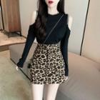 Long-sleeve Cold-shoulder T-shirt / Leopard Print Mini Pencil Skirt