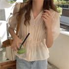 Puff-sleeve V-neck Blouse Almond - One Size