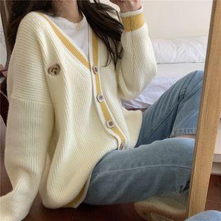 Contrast-trim Bear Embroidered Knit Cardigan Off-white - One Size