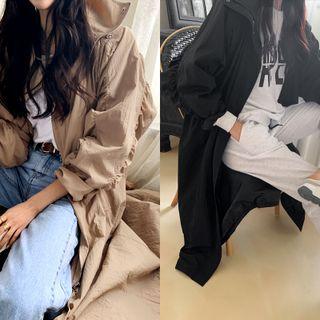 Shirred-sleeve Hooded Long Zip Coat
