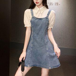 Mock Two-piece Short-sleeve Denim Panel Mini Shirt Dress