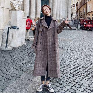 Double-breasted Plaid Sashed Long Coat