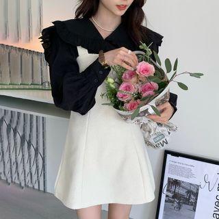 Set: Frill Trim Blouse + A-line Overall Dress