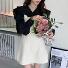 Set: Frill Trim Blouse + A-line Overall Dress