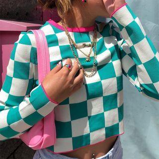 Long Sleeve Contrast-trim Plaid Crop Top