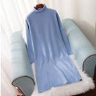 Plain Mock-neck Long-sleeve Loose-fit Knit Dress
