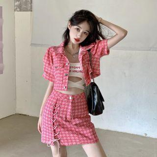 Short-sleeve Houndstooth Denim Crop Shirt / Lace-up Mini Skort