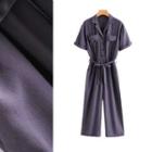 Tie-waist Short-sleeve Cargo Jumpsuit