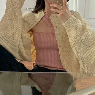 Open-front Cardigan / One-shoulder Knit Tank Top