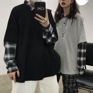 Mock Two-piece Plaid Panel Long-sleeve Polo Shirt