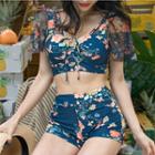 Set: Floral Print Tankini + Mesh Cover-up