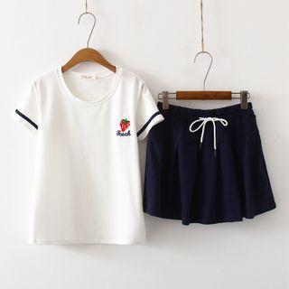 Set: Strawberry Embroidered Short-sleeve T-shirt + Drawstring A-line Skirt As Shown In Figure - One Size