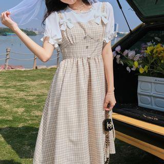 Puff-sleeve Plaid Mock Two-piece Dress