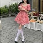 Puff-sleeve Rose Mini A-line Dress / Camisole Top
