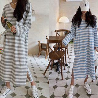 V-neck Stripe Long T-shirtdress