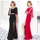 Embroidered Cape-sleeve Slit Sheath Evening Gown