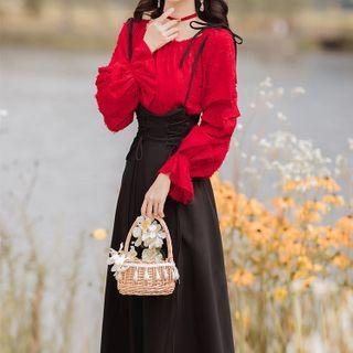 Set : Off-shoulder Top + Lace-up Skirt