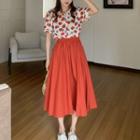 Short-sleeve Floral Blouse / Plain Midi A-line Skirt