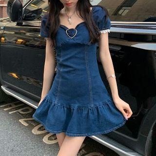 Square-neck Puff Sleeve Mermaid Mini Dress