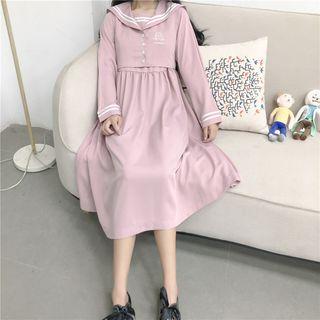 Mock Two-piece Sailor Collar Long-sleeve Midi Dress