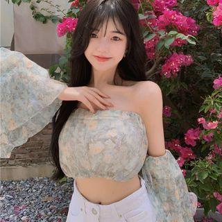 Lantern-sleeve Floral Print Cropped Top As Figure - One Size