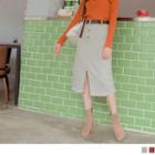 Slit-front Frayed Midi Skirt