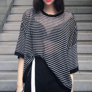 Striped 3/4 Sleeve See-through T-shirt