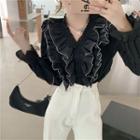 Ruffle V-neck Long-sleeve Blouse - 2 Colors