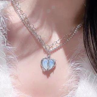 Gemstone Heart Necklace 1 Pc - Necklace - Silver - One Size
