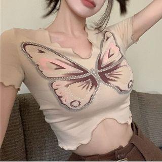 Short-sleeve Butterfly Print Lettuce Edge Crop Top Almond - One Size