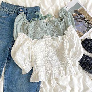 Puff-sleeve Halter Ruffle Trim Cropped Top