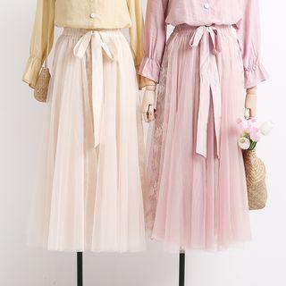 Lace-panel Mesh Midi Skirt