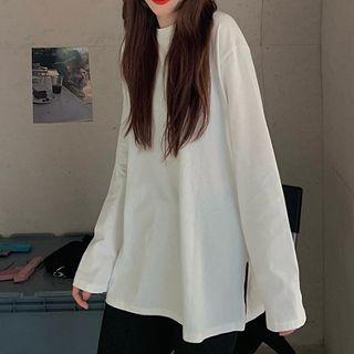 Plain Long-sleeve Loose-fit Slit T-shirt
