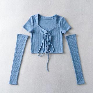 Set: Short-sleeve Lace-up Top + Oversleeves
