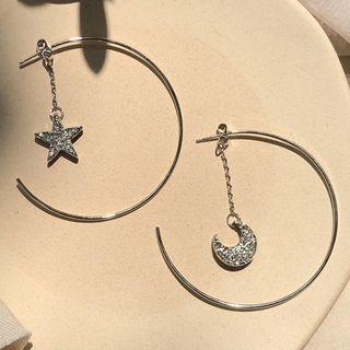 Non-matching Rhinestone Moon & Star Open Hoop Earring