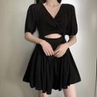 Cut Out Elbow-sleeve A-line Dress Black - One Size
