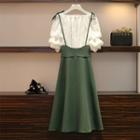 Set: Elbow-sleeve Top + Suspender Midi A-line Skirt