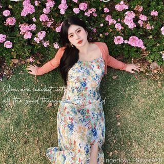 Sleeveless Floral A-line Dress / Cardigan