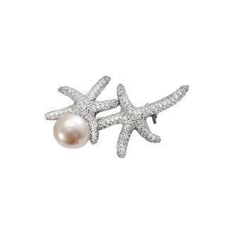 925 Sterling Silver Fashion And Elegant Starfish Purple Freshwater Pearl Brooch With Cubic Zirconia Silver - One Size