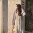 Spaghetti Strap Midi A-line Lace Dress / Chiffon Light Jacket