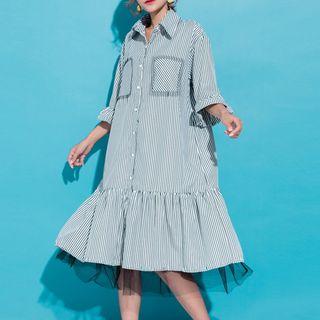 Striped Elbow-sleeve Midi Shirt Dress