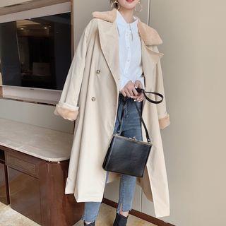 Faux-fur Collar Double-breasted Coat Almond - One Size