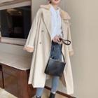Faux-fur Collar Double-breasted Coat Almond - One Size