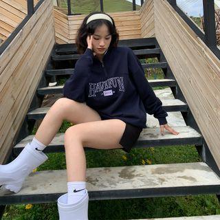 Mock-neck Embroider Letter Zip Oversize Sweatshirt