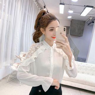 Long-sleeve Lace Panel Chiffon Shirt