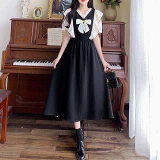 Short-sleeve Ruffled Two-tone Midi A-line Dress