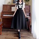 Short-sleeve Ruffled Two-tone Midi A-line Dress