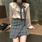 Ruffled Long-sleeve Blouse / Tweed A-line Skirt