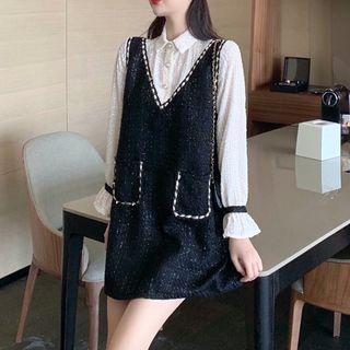 Mock Two-piece Long-sleeve Mini Chiffon Dress