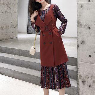 Double Breasted Long Vest / Long-sleeve Pattern Midi Dress / Set